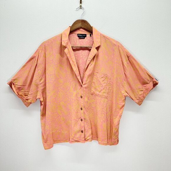 Prana Iguala Camp Shirt Womens Size XL Rayon Flowy Cropped Orange Tropical - Picture 3 of 11